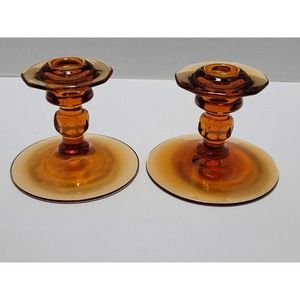 Lot Of 2 Vintage Amber Glass Candle Holders